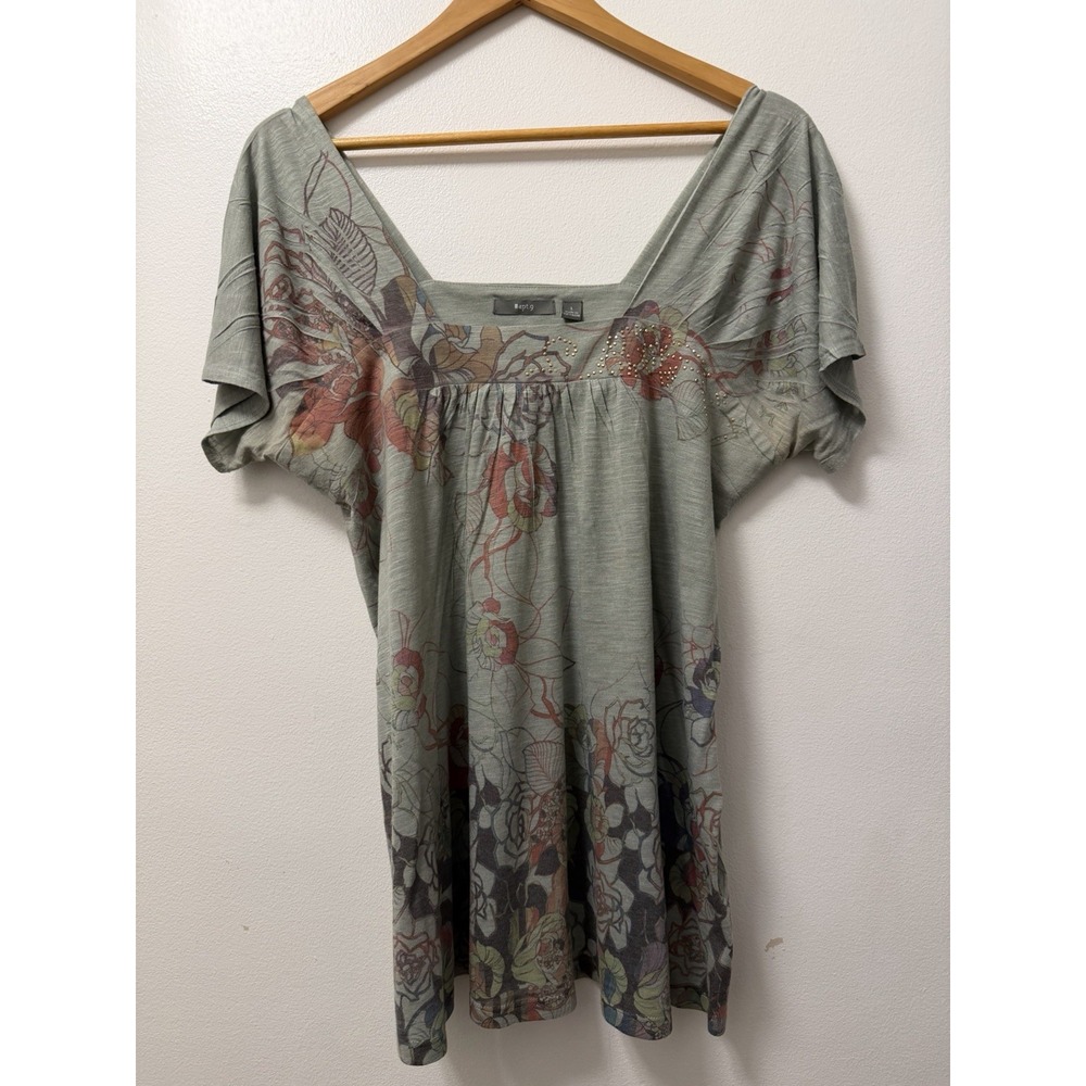 Y2K Apt.9 Green Floral & Sequined Short Sleeve Top Blouse Women's Large 2000s